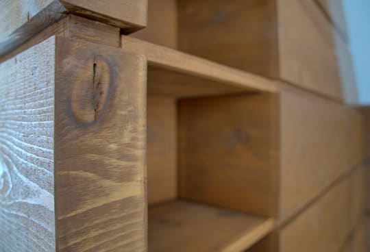 Close-up of the joinery on custom wood cubbies